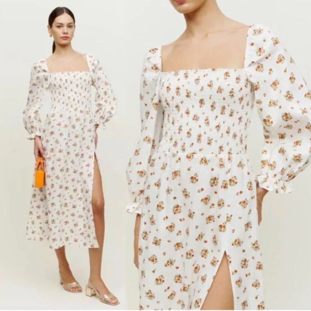 Reformation Gitane Linen Dress Size Medium Puff Sleeve White with Orange Flowers